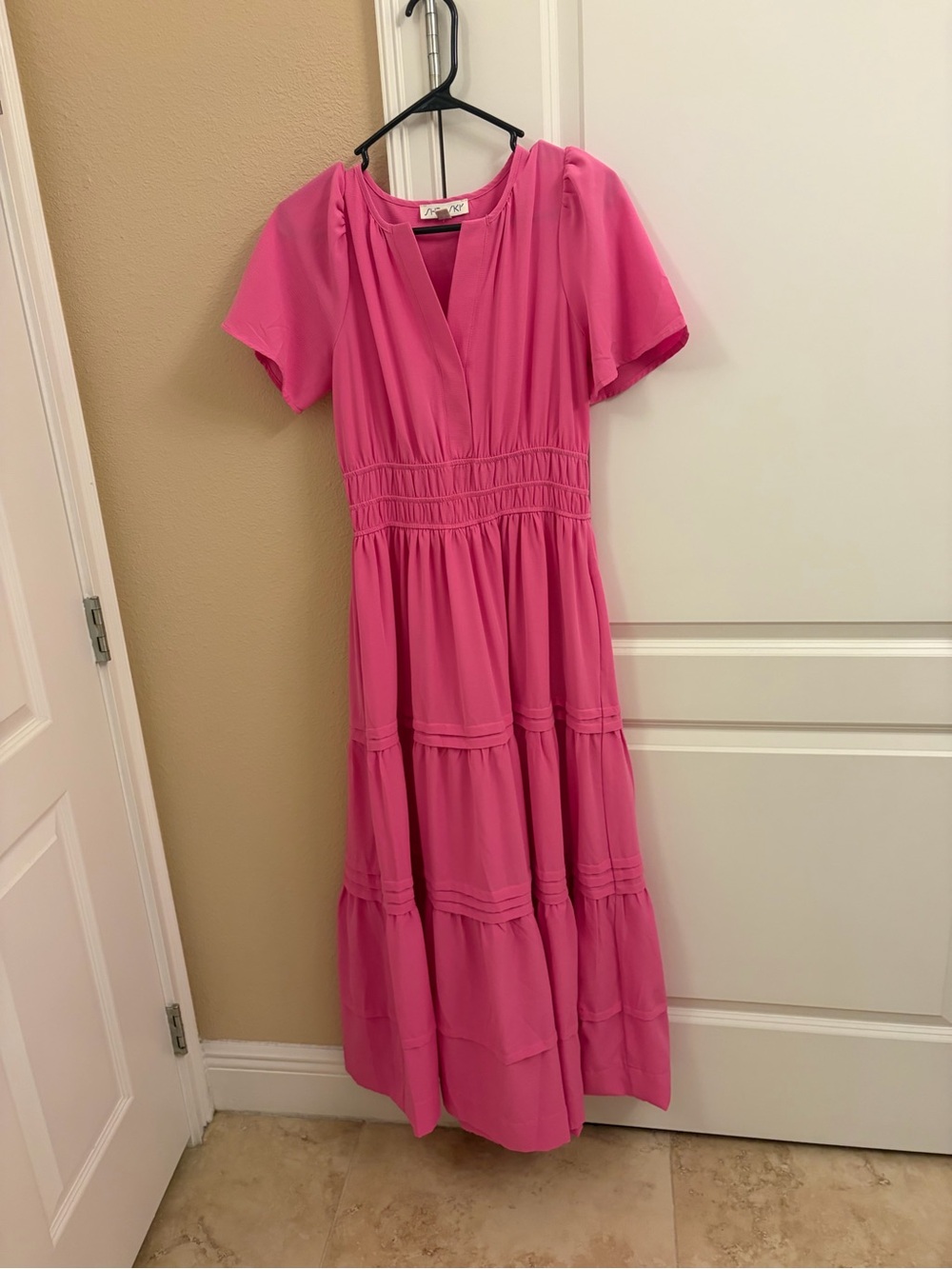 She + Sky Hot Pink Tiered V-Neck Maxi Dress